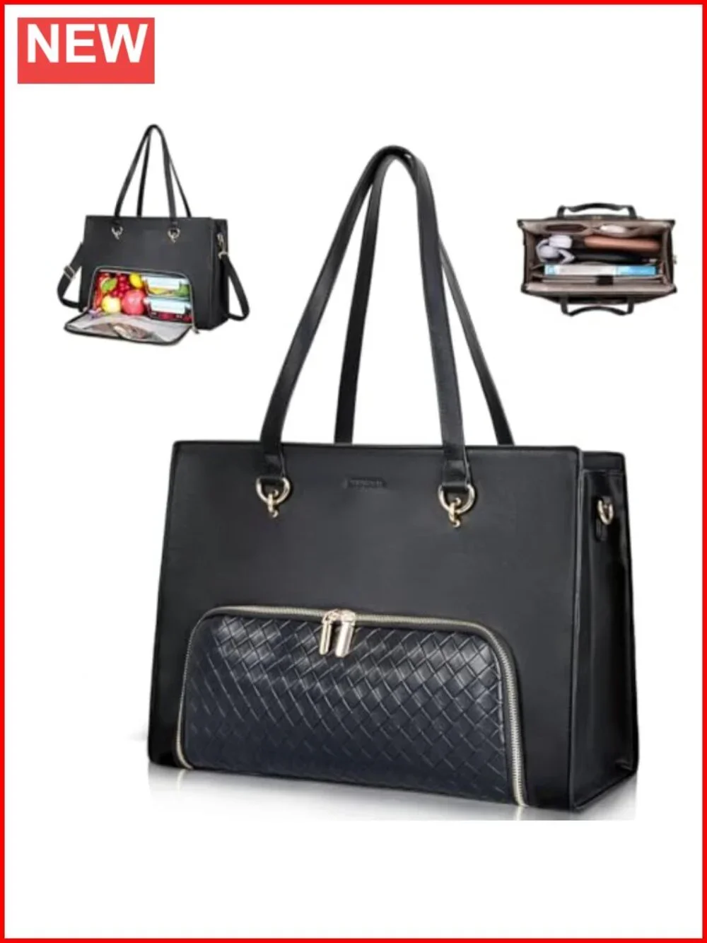 Women's PU Leather Laptop Tote Bag with Insulated Lunch Compartment, 17.3 inch,